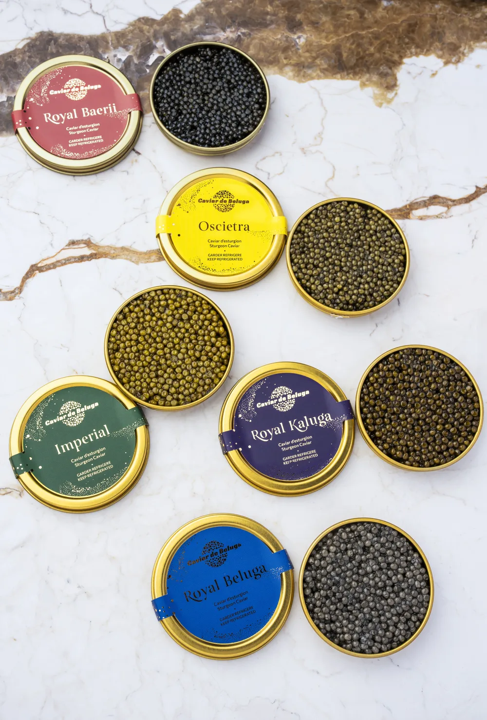 The Caviar de Beluga range in coloured tins