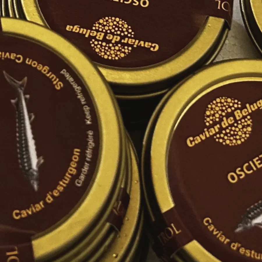 Stacked Caviar de Beluga Oscietra tins ready for dispatch