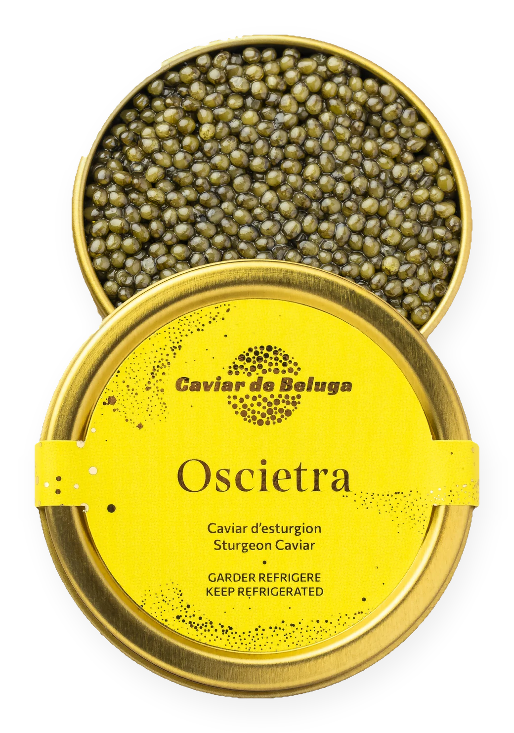 Oscietra caviar in an open tin beside its tin lid