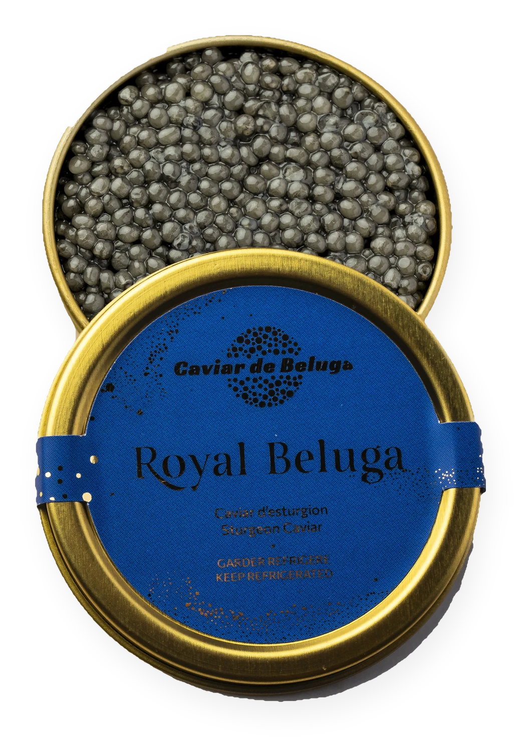 Royal Beluga caviar in an open tin beside its tin lid